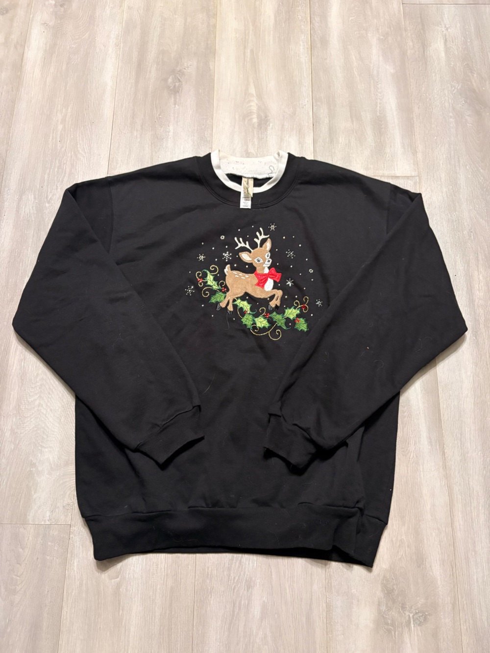Black Sweatshirt with Embroidered Reindeer and Holly